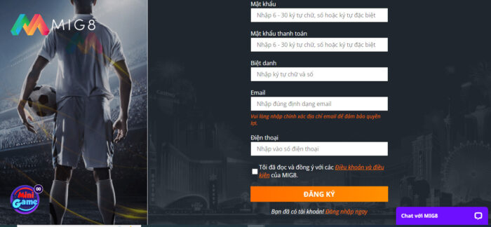 Giao diện đăng ký tài khoản của Mig8