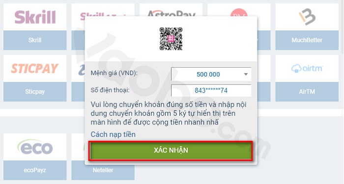 hướng dẫn nạp tiền tại 1xBet