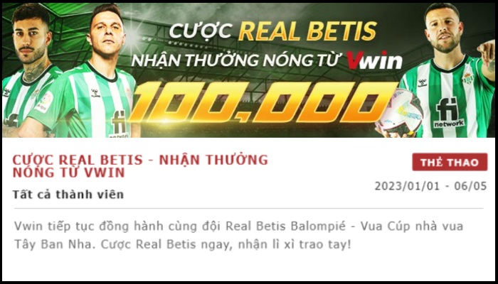 Cược sảnh thể thao Vwin tặng 100k